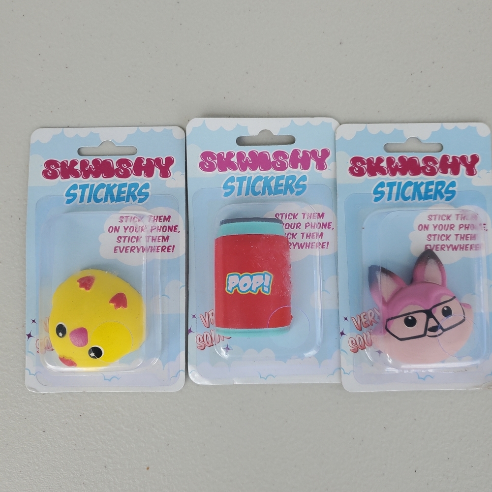 3 SKWISHY STICKERS  STICKS TO PHONES, ANYWHERE STR